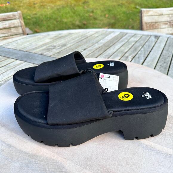 Zara Womens Sandals Size 9 Platform Slides Black Neoprene Block Heel New - Picture 9 of 12